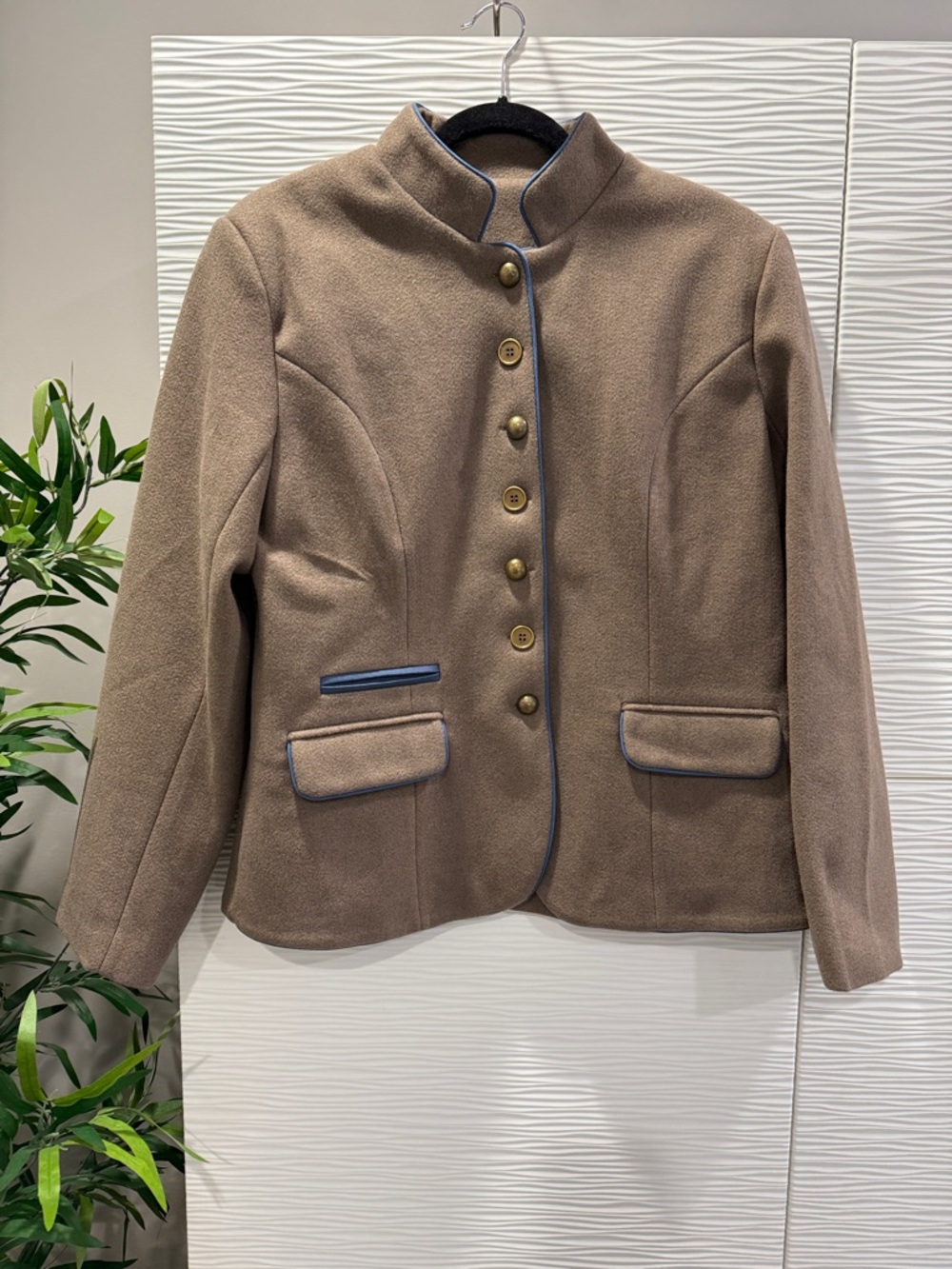 Women’s Taupe Stand-Collar Wool Jacket with Blue Piping